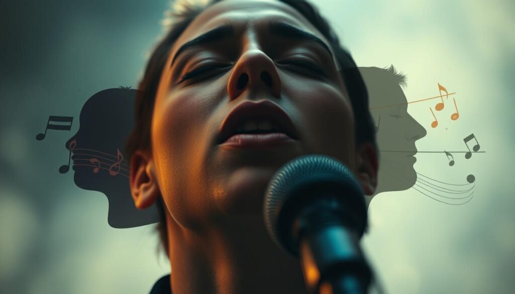 A cinematic portrait showcasing the contrasting vocal styles of diverse musical genres. In the foreground, a dramatic close-up of a singer's face, eyes closed in emotive expression, capturing the raw power and intensity of their performance. In the middle ground, a visual metaphor of musical genres - abstract shapes, lines, and colors representing the unique timbres, textures, and techniques that define each style. The background bathes in a soft, atmospheric lighting, creating a sense of depth and ethereal ambiance. The overall composition evokes a harmonious yet striking visual representation of the multifaceted nature of the human voice across various musical landscapes.