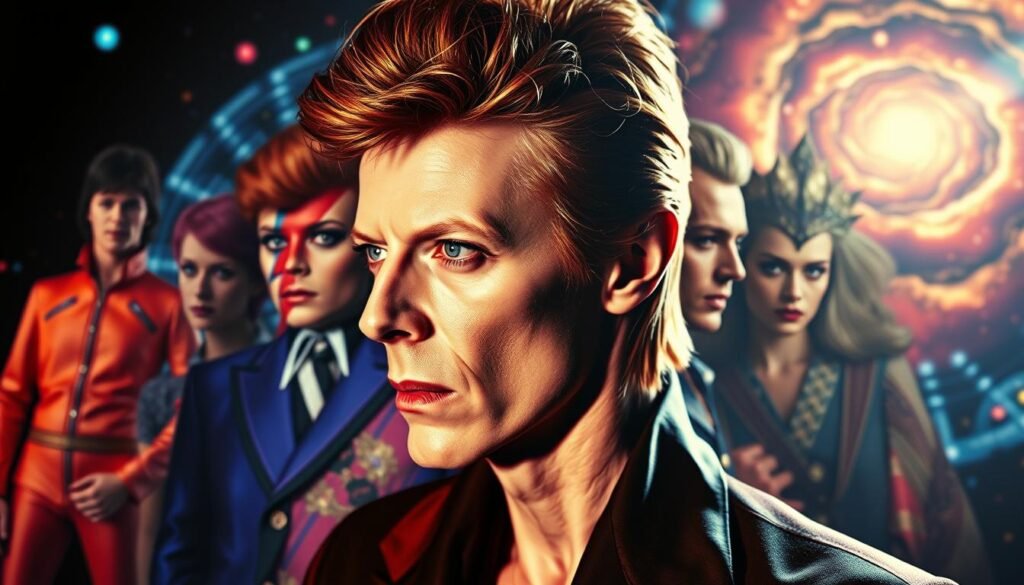 A dazzling kaleidoscope of David Bowie's ever-evolving personas, captured in a seamless, cinematic frame. In the foreground, a striking profile of the Thin White Duke, his piercing gaze and iconic makeup commanding attention. Surrounding him, a collage of Bowie's most iconic looks - Ziggy Stardust's vibrant spacesuit, the Aladdin Sane lightning bolt, the androgynous Jareth the Goblin King. In the background, a swirling galaxy of color and light, hinting at the boundless creativity and reinvention that defined Bowie's legendary career. Lit by a dramatic, theatrical chiaroscuro, the scene evokes the drama, mystique, and sheer artistry that made Bowie the master of musical metamorphosis.