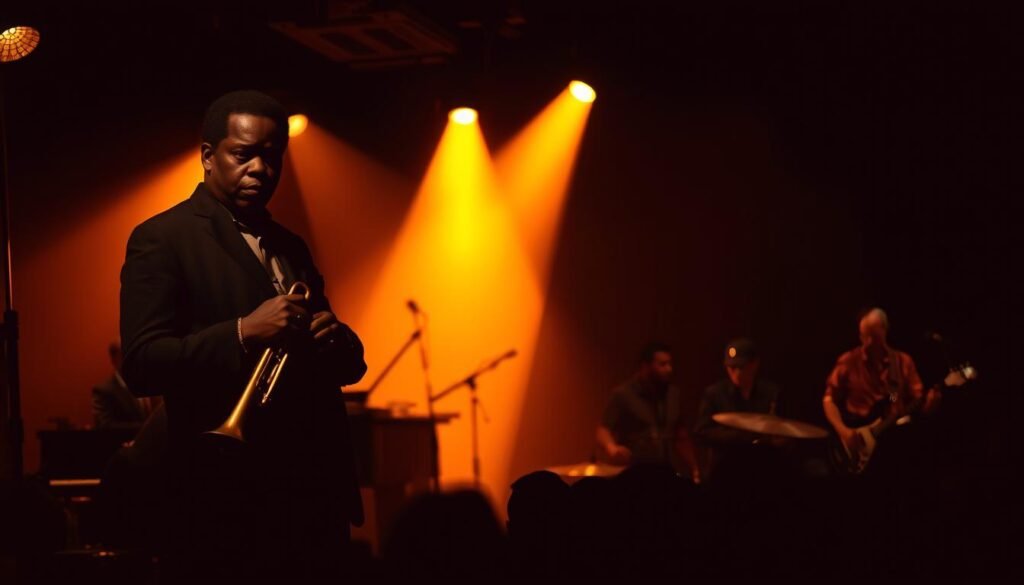 A dimly lit jazz club, the Miles Davis Quintet takes the stage. In the foreground, Davis stands tall, trumpet in hand, his pensive expression conveying the depth of his soulful playing. Behind him, the quintet - saxophonist, pianist, bassist, and drummer - create a harmonious, improvisational soundscape, their movements fluid and synchronised. The middle ground is bathed in a warm, amber glow, casting long shadows and highlighting the musicians' intense focus. In the background, a hazy, atmospheric scene sets the mood, with the audience's silhouettes barely visible, lost in the music's captivating embrace.