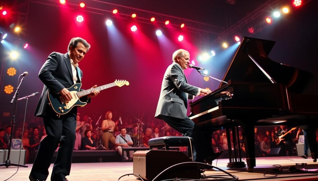 A dynamic stage performance featuring the pioneering rock 'n' roll legends Chuck Berry and Jerry Lee Lewis. In the foreground, Chuck Berry, dressed in his signature duck-walk stance, fingers dancing across the electric guitar as he commands the spotlight. Next to him, Jerry Lee Lewis, his body in motion, pounding the keys of a grand piano with unbridled energy. Surrounding them, a backdrop of vibrant stage lights and a crowd of adoring fans, capturing the electrifying atmosphere of a classic rock 'n' roll concert. The scene is captured with a cinematic wide-angle lens, emphasizing the larger-than-life presence of these two iconic musicians who helped define the sound and spirit of early rock and roll.