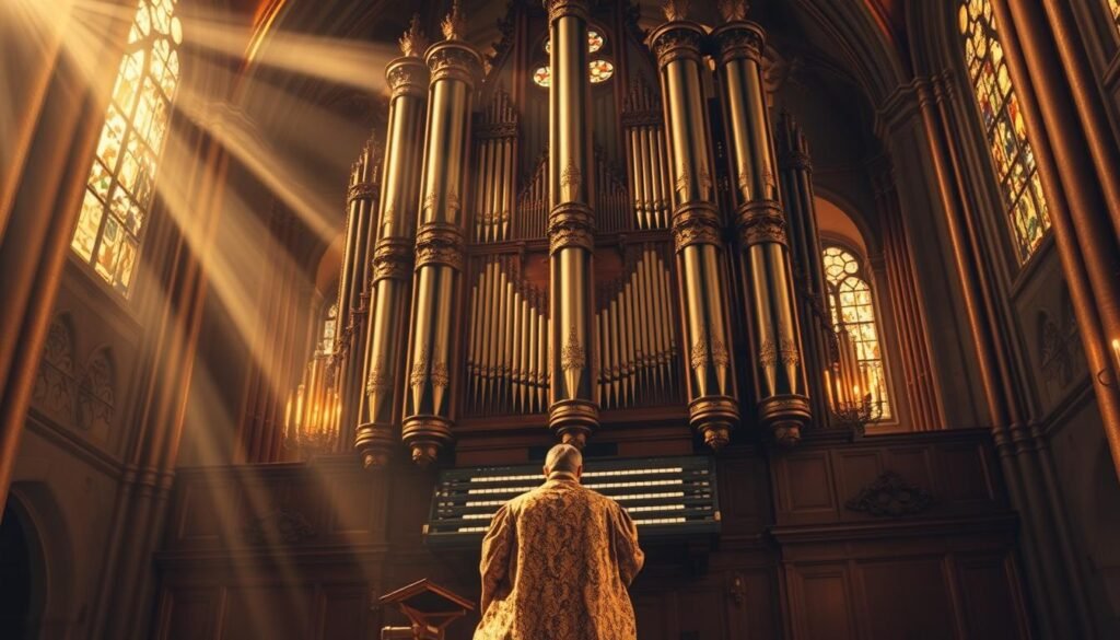 A grand Baroque organ, its intricate pipes reaching towards the heavens, stands resplendent in a cavernous cathedral. Warm, golden light filters through stained glass windows, casting a reverent glow upon the instrument. The organist, clad in an ornate brocade robe, sits poised before the keyboard, fingers dancing with virtuosic precision, evoking the majestic, soaring melodies that defined the Baroque era. Ornate carvings and gilded accents adorn the organ's towering facade, a testament to the masterful craftsmanship of the era. The atmosphere is one of profound spiritual contemplation, a perfect setting to showcase the groundbreaking innovations of Johann Sebastian Bach, the Baroque trailblazer who forever transformed the art of musical composition.