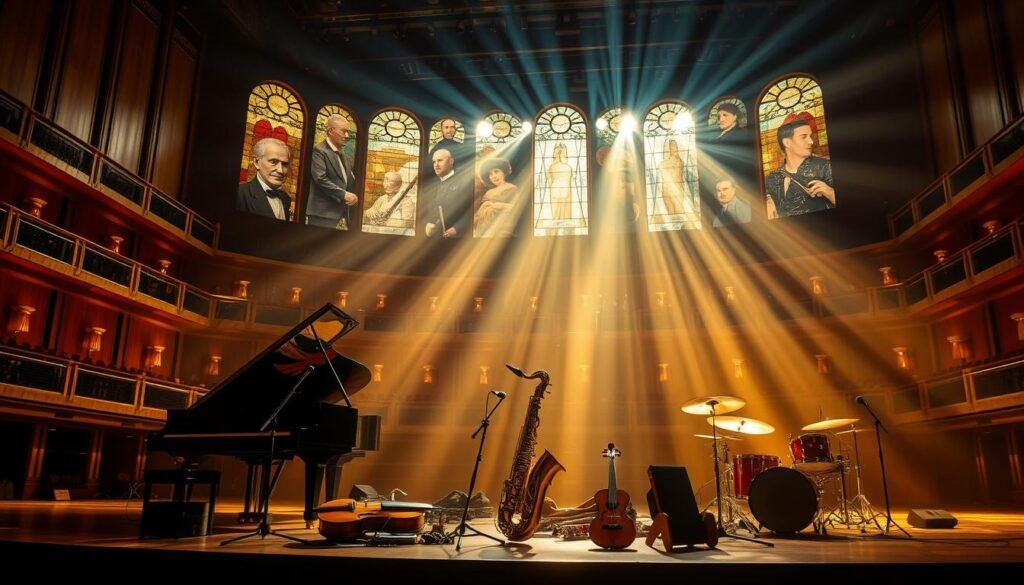 A grand concert hall, bathed in a warm, golden glow. On the stage, a cluster of musical instruments - a grand piano, a violin, a saxophone, and a drum kit - symbolizing the evolution of music. In the background, a collage of famous musicians and musical pioneers, their faces and silhouettes blending into a tapestry of innovation. Rays of light stream through stained-glass windows, illuminating the instruments and casting intriguing shadows. The atmosphere is one of reverence and wonder, capturing the enduring legacy of musical innovation that has shaped the world.