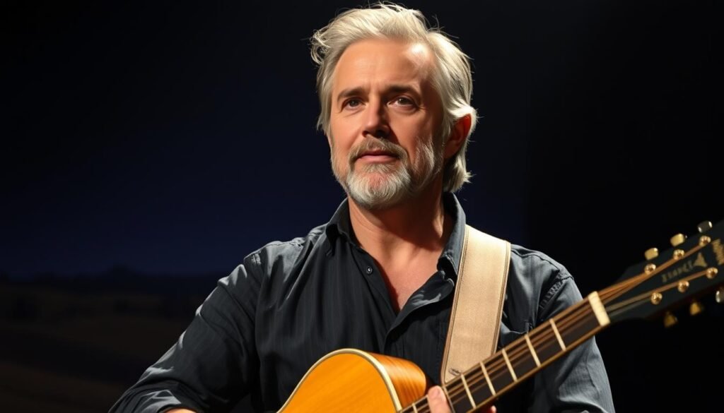 A middle-aged man with a guitar, standing confidently on a dimly lit stage, his warm brown eyes and graying hair conveying the transition from rock roots to country royalty. The spotlight illuminates his face, casting dramatic shadows that accentuate his rugged features. In the background, a subtle country-inspired landscape unfolds, with rolling hills and a hint of a starry night sky, evoking the essence of Darius Rucker's remarkable journey from Hootie & the Blowfish to the heart of the country music scene.