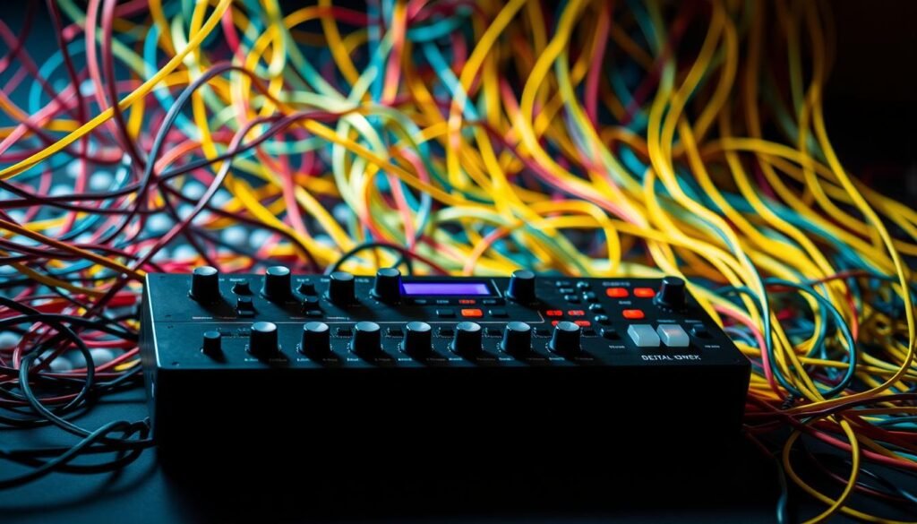 A sleek, modern electronic interface with an array of knobs, sliders, and buttons against a backdrop of tangled, colorful strings. The interface is illuminated by a warm, diffused lighting, casting a soft glow over the scene. The strings are arranged in a visually appealing, abstract pattern, creating a sense of depth and movement. The overall composition conveys a balance between the digital and the analog, the technological and the organic, hinting at the fusion of traditional and contemporary musical elements. The image captures the essence of innovative musical instrument design, reflecting the spirit of experimentation and creativity.