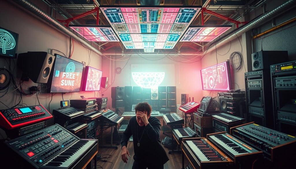 A vibrant, experimental electronic music production studio set in a futuristic, industrial-chic space. In the foreground, a musician hunches over a complex array of synthesizers, knobs, and cables, their fingers dancing across the controls. Overhead, a web of neon-lit panels and holographic displays provide dynamic visualizations, casting an otherworldly glow. The middle ground features an array of unconventional sound-sculpting tools, from modular synths to electromagnetic harps, all wired together in a maze of interconnected circuits. In the background, shadowy alcoves and towering racks of servers and processors hint at the depth of the producer's technical prowess. The overall atmosphere is one of innovation, curiosity, and a boundless exploration of sonic possibilities.