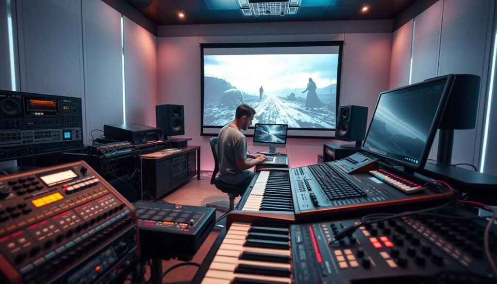digital film scoring techniques, a futuristic and innovative musical workspace. Sleek digital synthesizers, modular sound modules, and a cutting-edge computer interface dominate the foreground, highlighting the technological advancements that have revolutionized film music composition. In the middle ground, a composer sits intently, fingers dancing across a MIDI controller, shaping intricate soundscapes. The background features a large projection screen displaying a cinematic scene, suggesting the seamless integration of technology and artistic expression. Soft, cool lighting bathes the scene, creating an atmosphere of focus, creativity, and the boundless possibilities of the digital age.