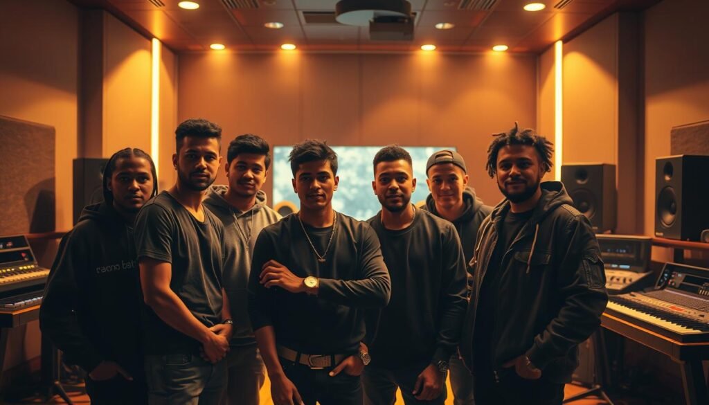 new era hitmakers, a group of diverse, young music producers standing confidently in a modern, sleek recording studio. Warm, dramatic lighting casts moody shadows, highlighting their focused expressions as they collaborate on the next big track. The atmosphere is electric, oozing with creative energy and a sense of innovation. In the background, glimpses of state-of-the-art equipment and cutting-edge technology suggest these producers are at the forefront of the music industry, shaping the sound of a new generation. The image captures the essence of the most influential music makers of the modern era, poised to leave an indelible mark on the world of music.