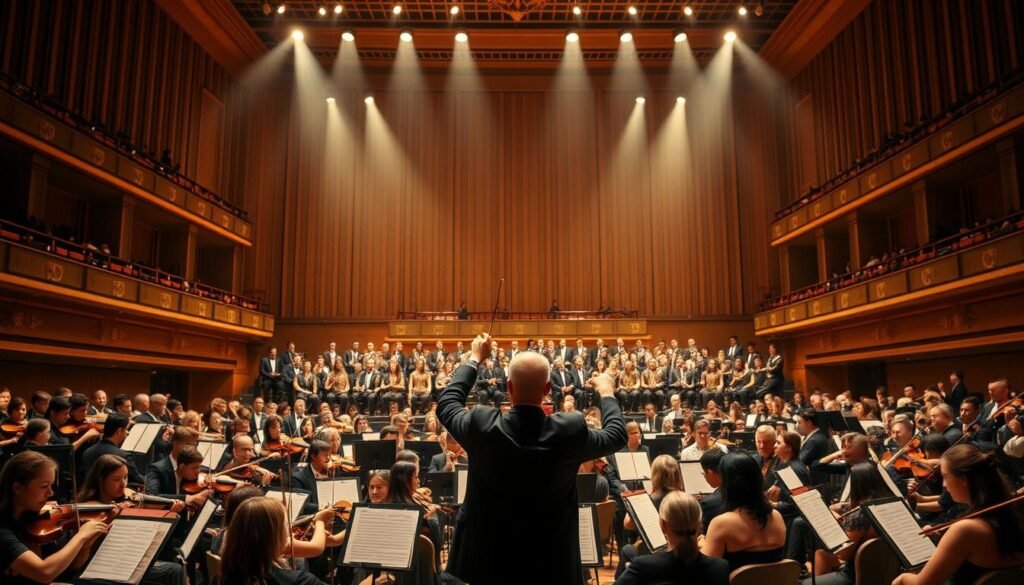 A grand concert hall, the stage illuminated with a warm, golden glow. Rows of musicians, each holding their instrument, poised in perfect harmony. The conductor's baton rises, and the symphony erupts into a cascading flow of melodies, the air pulsing with the rhythmic heartbeat of the percussion. Strings swell, brass fanfares soar, and woodwinds weave a delicate tapestry of sound. Shadows and highlights dance across the faces of the performers, their expressions captured in the moment of pure, musical transcendence. The audience is enraptured, lost in the seamless unity of the performance, a symphony of harmony that speaks to the soul.