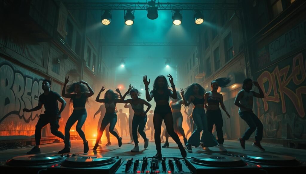 A gritty urban landscape, neon-lit streets pulsing with the rhythm of hip hop. In the foreground, a diverse group of dancers move with fluid grace, their bodies a canvas of dynamic motion. Graffiti-adorned walls and the silhouettes of turntables set the stage, hinting at the raw, improvisational energy that defines the genre. Overhead, a moody lighting setup casts dramatic shadows, evoking the rebellious spirit and cultural significance of this musical movement. The scene is a testament to the power of hip hop to transcend boundaries, unite communities, and challenge the status quo.
