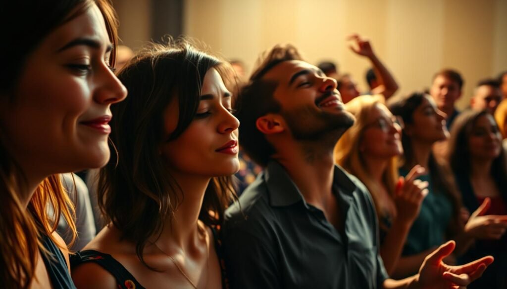 A group of individuals expressing a range of emotional responses to the power of music. In the foreground, a woman is shown with her eyes closed, tears streaming down her face, lost in the raw, cathartic experience of the melody. In the middle ground, a man leans back, head tilted, a serene, contemplative expression as the music transports him to a place of inner peace. In the background, a diverse crowd sways and nods, their bodies moving in sync with the rhythm, faces alight with joy and wonder. Soft, warm lighting bathes the scene, creating an intimate, immersive atmosphere that captures the deeply personal and transcendent nature of the musical experience.