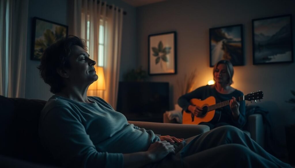 A serene, dimly lit music therapy studio with a warm, soothing atmosphere. In the foreground, a patient reclines on a couch, eyes closed, expression peaceful as they undergo a guided music meditation session. The music therapist sits nearby, gently strumming an acoustic guitar, their face reflecting a calm, empathetic demeanor. In the background, subtle lighting filters through gauzy curtains, casting a soft, ethereal glow over the space. The walls are adorned with nature-inspired artwork, creating a calming, restorative ambiance. The scene conveys the healing power of music, how it can transport the mind and body to a state of tranquility and inner restoration.