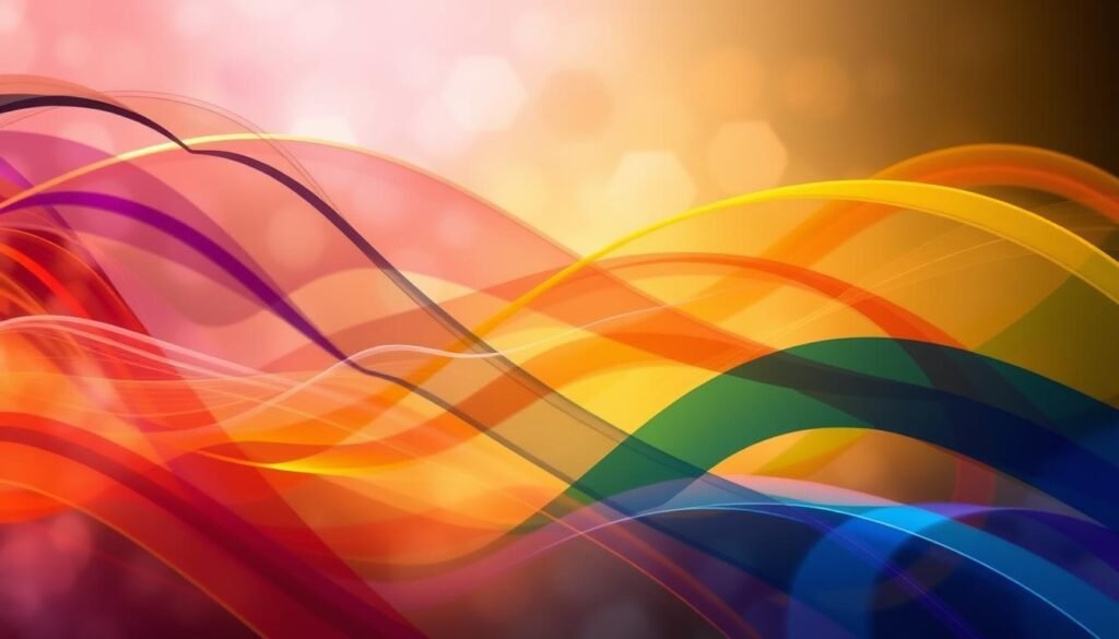 A vibrant, colorful abstract representation of musical timbre. In the foreground, dynamic swirls of rich, textured hues evoke the diverse timbres of various instruments - from the warm, woody tones of a cello to the bright, metallic tones of a trumpet. In the middle ground, undulating waves of complementary colors intersect and blend, suggesting the complex interplay of overtones and harmonics that shape a musical sound. In the background, a hazy, ethereal glow provides a sense of depth and atmosphere, evoking the ephemeral, sensory nature of timbre. Dramatic lighting casts dramatic shadows and highlights, emphasizing the depth and dimensionality of the composition. The overall effect is a captivating, synesthetic representation of the "color of music".
