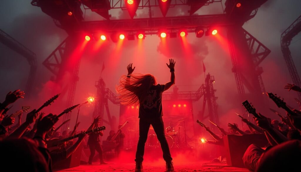 Heavy metal thunder: Distorted electric guitars unleash a sonic maelstrom, as thunderous drums and bellowing vocals collide in a cacophony of raw power. Amidst the chaos, a lone figure stands tall, long hair whipping in the wind, hands raised in a defiant gesture. Crimson and gold lights cast an intense, dramatic glow, illuminating the scene with an almost supernatural intensity. In the background, a hazy, industrial landscape looms, its towering metal structures and smoky haze adding to the sense of gritty, unyielding aggression. This is the world of heavy metal, where the roar of defiance and the howl of rebellion reign supreme.